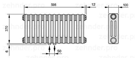Схема (чертеж) Радиатор Zehnder Charleston 3037/13 №3470 Белый глянцевый RAL 9016